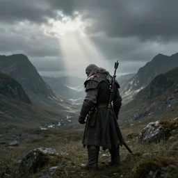 lonely ork warrior hit with an arrow in the shoulder and is bleeding, desolated mountains in the distance, cloudy atmosphere, rod rays, realistic, style of tolkien world, 4 k, masterpiece, epic, in gta v, stephen bliss, unreal engine, fantasy art by greg rutkowski, loish, rhads, ferdinand knab, makoto shinkai and lois van baarle, ilya kuvshinov, rossdraws, tom bagshaw, global illumination, radiant light, detailed and intricate environment