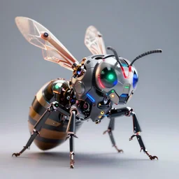 an extremely high quality render of a cybernetic futuristic looking wasp face with red, green, and blue lights, an ambient occlusion render by cedric seaut and keos masons, highly polised, reflective surfaced, machine - like, highly reflective, caustics, leds, dramatic lighting, 8 k, cyborg, glowing eyes, cgsociety, generative art, rendered in cinema 4