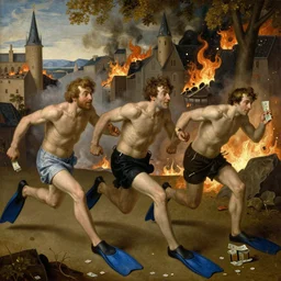 The medium shot of three mans with flippers running away with a small profit of money, thinking they've made a great deal, burned city, by Hieronymus Bosch, oil painting, 4k, masterpiece