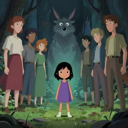 a magical quantum coyote warns an innocent black haired girl of apocalyse. intricate, 8 k detail, animation cinematic, superflat, matte sharp painting, artstation, carles dalmau, minna sundberg, xiaofan zhang, kuvshinov ilya, nettie wakefield, monica langlois, tom richmond,