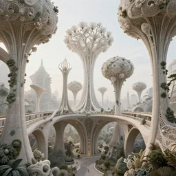 beautiful scifi futuristic biophilic city architectural landscape, arches, cellular bridges, stone columns, rhizomorph finials spires, blooms, brackets, fractal puffballs, vincent callebaut composition, iris van herpin, elegant lace haute couture broad embroidered cone trees, porcelain magnolia fluid nebula, soldier lichen, soft light