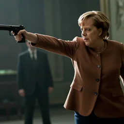 Dramatic action shot of Angela Merkel dodging punch from Neo in the matrix movie