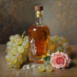 oil painting of whiskey bottle, transparent crystals, translucent grapes, rose, art by anders zorn, wonderful masterpiece by greg rutkowski, beautiful cinematic light, american romanticism by greg manchess, creation by tyler edlin