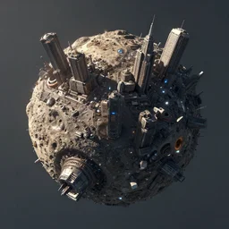 asteroid with cyberpunk city on it