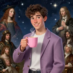 portrait of a ( ( ( grande y rosa una taza de cafe ) ) ), ( ( dotado futuristic guapo y joven espanol alegre ) ), lleno de estrellas y magia, concept character, by filip hodas and mucha and botticelli and bob ross and bierstadt and remington, trending on artstation