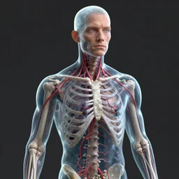 man with see - through glass - like skin, blood vessels, and bones showing, hyperdetailed, realistic, high - resolution illustration that slightly looks like a comic character