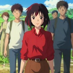 makoto shinkai, artgerm, yoji shinkawa, ilya kuvshinov, steampunk beautiful anime woman, red shirt brown pants, black and red hair hair, symmetrical face, symmetrical eyes, full round face, short smile, detailed, summer setting, cinematic lighting