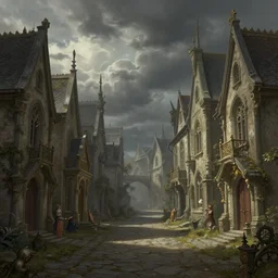 fantasy village streets, cloudy, dark, natural lighting, deep focus, d & d, fantasy, intricate, elegant, highly detailed, digital painting, artstation, concept art, matte, sharp focus, illustration, hearthstone, art by artgerm and greg rutkowski and laura sava and alphonse mucha