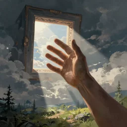 a giant hand reaching from a portal in the sky, in the art style of robbie trovino, digital painting, artstation, instagram, sharp focus, illustration, surrealism