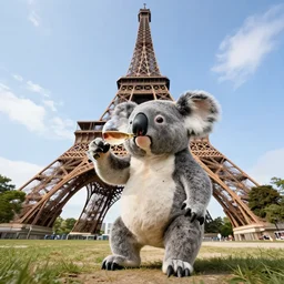 photo of an anthropomorphic koala drinking wine near the eiffel tower, wide angle, highly - detailed realistic