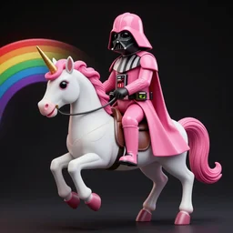 highly detailed realistic matte painting of a pink darth vader wearing pink riding a unicorn over a rainbow by lisa frank, unreal engine, concept art, CGsociety, trending on artstation