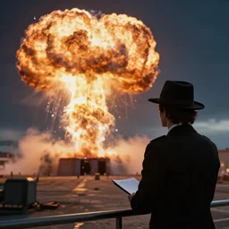 the great magician of nuclear thaumaturgy watching a nuclear explosion thinking about what he has done.