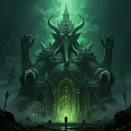 cinematic artwork of an imposing temple of cthulhu, dark ambience, lovecraftian, green ambient light, trending on artstation, fog, 4 k, masterpiece
