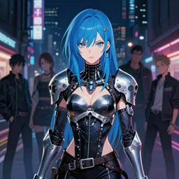 digital illustration portrait of cyberpunk pretty girl metal skull armor with blue hair, wearing dominatrix outfit, in city street at night, by makoto shinkai, ilya kuvshinov, lois van baarle, rossdraws, basquiat