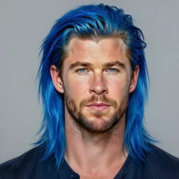 a portrait of blue - haired chris hemsworth long hair, clean - shaven vivid!!!! colors, photorealistic painting by mandy jurgens, trending on artstation, photorealism, detailed painting, behance hd, hyper realism
