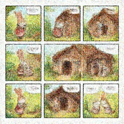 a rabbit and a cat dressed in cottagecore living in a cottage, the rabbit has a vegetable garden and the cat is fixing the roof, comic book art style, pictures in sequence, storyboarding, speech bubbles