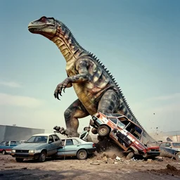 full view kodachrome photograph giant reptilian crushing cars, studio lighting