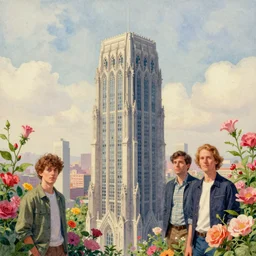 a painting of a gothic skyscraper surrounded by flowers, a watercolor and matte painting by beeple and rhads and mark keathley, wes anderson, cgsociety, gothic architecture, dystopian art, retrofuturism, sci - fi, artstation hq