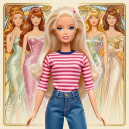 lady gaga as a barbie doll, striped tshit, jeans, half body shot, path traced, highly detailed, high quality, digital painting, alena aenami, leonid afremov, lilia alvarado, shinji aramaki, karol bak, alphonse mucha, tom bagshaw