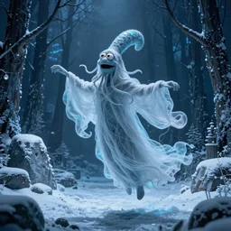 an ethereal ghostly wraith like figure with a squid like parasite latched onto its head and long tentacle arms that flow lazily but gracefully at its sides like a cloak while it floats around a frozen rocky tundra in the snow searching for lost souls and that hides amongst the shadows in the trees, this character has hydrokinesis and electrokinesis for the resident evil village real muppet remake by sesame street, photo realistic, photography, sesame street