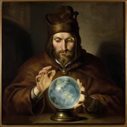 portrait of a wizard staring into a glowing crystal ball, in the style of titian, giovanni bellini, oil on canvas, 4 k