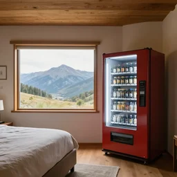 a interior design of a home by frank lloyd wright, vending machine, bed, window with the view of beautiful mountains