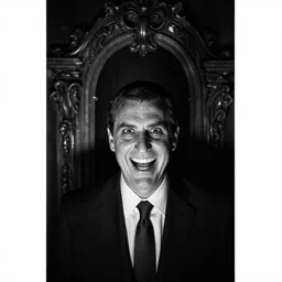 Ted Cruz with a wide grin looking up directly at the camera, black and white, creepy lighting, scary, horror, ornate, eerie, fear