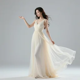 a beautiful girl in a very long glowing flowing gown holding on to two ropes of a swing, swinging, galaxies in background, whistful, deep color, dusk
