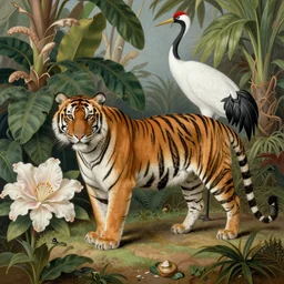 tiger, white crane, tropical plants, botanical, large exotic flowers, biology, realistic, painted by john audubon