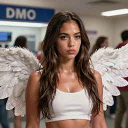 jj abrams movie still body portrait of young woman jessica alba as an edc rave angel girl in line at the dmv, octane render, anime, trending on artstation, unreal engine, volumetric lighting, concept art, sci-fi, photoreal, sweating, pouty face, looking at camera