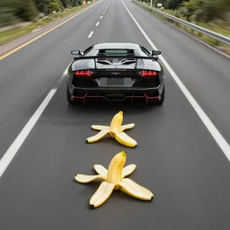 Lamborghini driving on highway with three banana peels following directly behind it