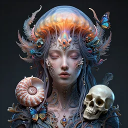 goddess portrait. jellyfish phoenix head, nautilus, butterfly, skull, intricate artwork by Tooth Wu and wlop and beeple. octane render, trending on artstation, greg rutkowski very coherent symmetrical artwork. cinematic, hyper realism, high detail, octane render, 8k