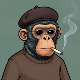 a bored ape nft of a bored ape smoking cigarettes and wearing a beret