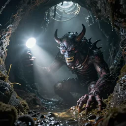 strange as and evil anthropomorphic creature in the sewers, digital photography with flash, photorealistic, flash light, dramatic light, volumetric light, mist