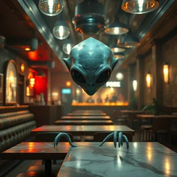 spooky alien inside a restaurant, photorealistic ultra high resolution, ultra detailed, ray tracing, octane
