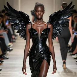 beautifully lit portrait photo of extremely beautiful black female statue with glossy crow wings on her back, the statue is wearing avant garde comme de garcon haute couture, avant garde, matthew williams, givenchy, balenciaga, yohji yamamoto, japanese avant garde fashion, fashion, paris, runway, collection, beautifully lit, glossy, hd, 4 k, 8 k, extremely clear focus, sharp, award winning fashion photograph