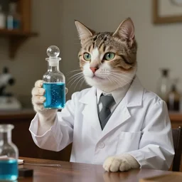 an aristocratic cat dressed as a scientist intrigued by a refined little transparent little bottle filled with magic blue iridescent liquid, art highly detailed, by frank frazetta, keith parkinson and greg rutkowski and aleksandra skiba, concept art,