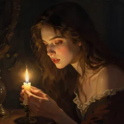 very beatiful girl close to a candle in dark room, dramatic light, highly detailed, digital painting, artstation, concept art, sharp focus, illustration, art by artgerm and greg rutkowski and alphonse mucha