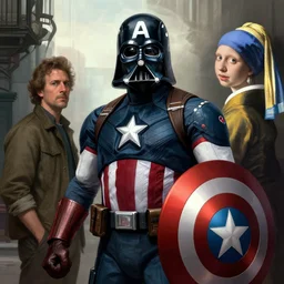 Vader as Captain America, artwork by Diego Velazquez and Johannes Vermeer, urban scene, cinematic, hdr, dynamic lighting, 4k render, trending in Artstation, octane render, high details, ultra realistic, hd, photo realistic