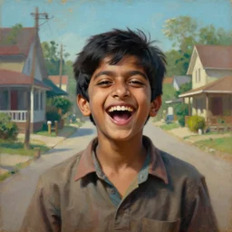a beautiful cinematic masterpiece headshot portrait of a happy stoner indian boy in 2 1 st century suburban indian town, tripping, laughing, centered, head only, by coby whitmore, by greg rutkowski, by irving penn, oil on canvas, ornate, suburban, brilliant cold lighting, detailed, no frames, 8 k