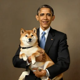 Barack Obama holding a shiba inu dog, 1800s painting