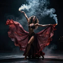 a photorealistic dramatic hyperrealistic render of a glamorous beautiful female smoke dancer by ken brower and deborah ory of nyc dance project, lois greenfield, flowing cloth and smoke, beautiful dynamic dramatic dark moody lighting, volumetric, shadows, cinematic atmosphere, octane render, 8 k