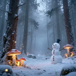 the snowy, magical, mystical and foggy forest of vanaheim, scandinavian in winter 1 7 5 6 / norse influenced with magical glowing mushrooms and glowing fireflies and a laughing snowman, cinematic, ray traced, octane render, cinematic lighting, ultrarealistic, featured on artstation, 8 k uhd artwork