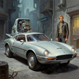 moebius and ralph mcquarrie style, vintage sci - fi car in a narrow street, retro futuristic sci - fi, blade runner 2 0 4 9, wires devices electronics, star wars, painting