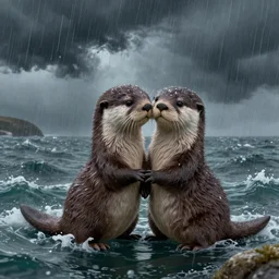 An adorable Otter saving his wife from the storm, in love holding hands side by side huddled, all hiding together in the middle of a super scary storm at sea, fantasy illustration, cinematic, award winning, romantic, detailed trending on artstation, masterpiece