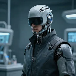 a masked laboratory technician man with cybernetic enhancements seen from a distance, scifi character portrait by greg rutkowski, craig mullins, 1 / 4 headshot, cinematic lighting, dystopian scifi outfit, mechanical, cyborg, half robot