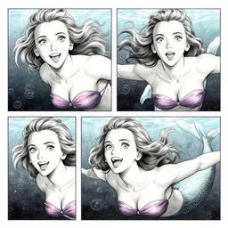 3 panels of scarlett johansson with happy expression as a mermaid underwater, dramatic lighting, anime style, pencil and ink manga drawing,