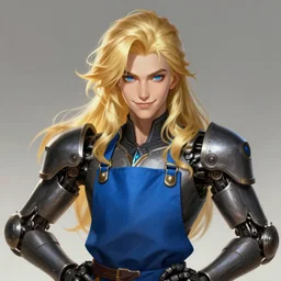 a highly detailed illustration of long wavy bright blonde haired effeminate boy wearing blue blacksmith apron and iron mechanical arms, blue eyes, dramatic smiling pose, perfect face, symmetrical eyes, intricate, elegant, highly detailed, centered, digital painting, artstation, concept art, smooth, sharp focus, league of legends concept art, wlop