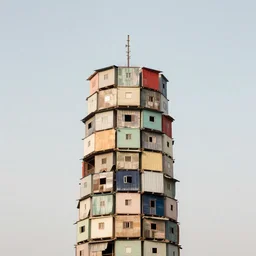 a tower made up of makeshift squatter shacks with soft colours, mamiya, 8 5 mm, f 1. 7, fully frontal view, uniform plain sky, fine details, photographed by julie blackmon