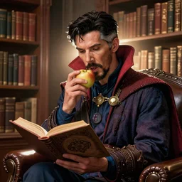 a hyper realistic comic book art of a comic accurate doctor strange reading a book in a quiet library, eating an apple. 4 k, extremely detailed, detailed drawing, trending on artstation, hd, fantasy, realistic lighting, elegant, realistic lighting, by alphonse mucha, greg rutkowski, sharp focus, backlit, elegant.